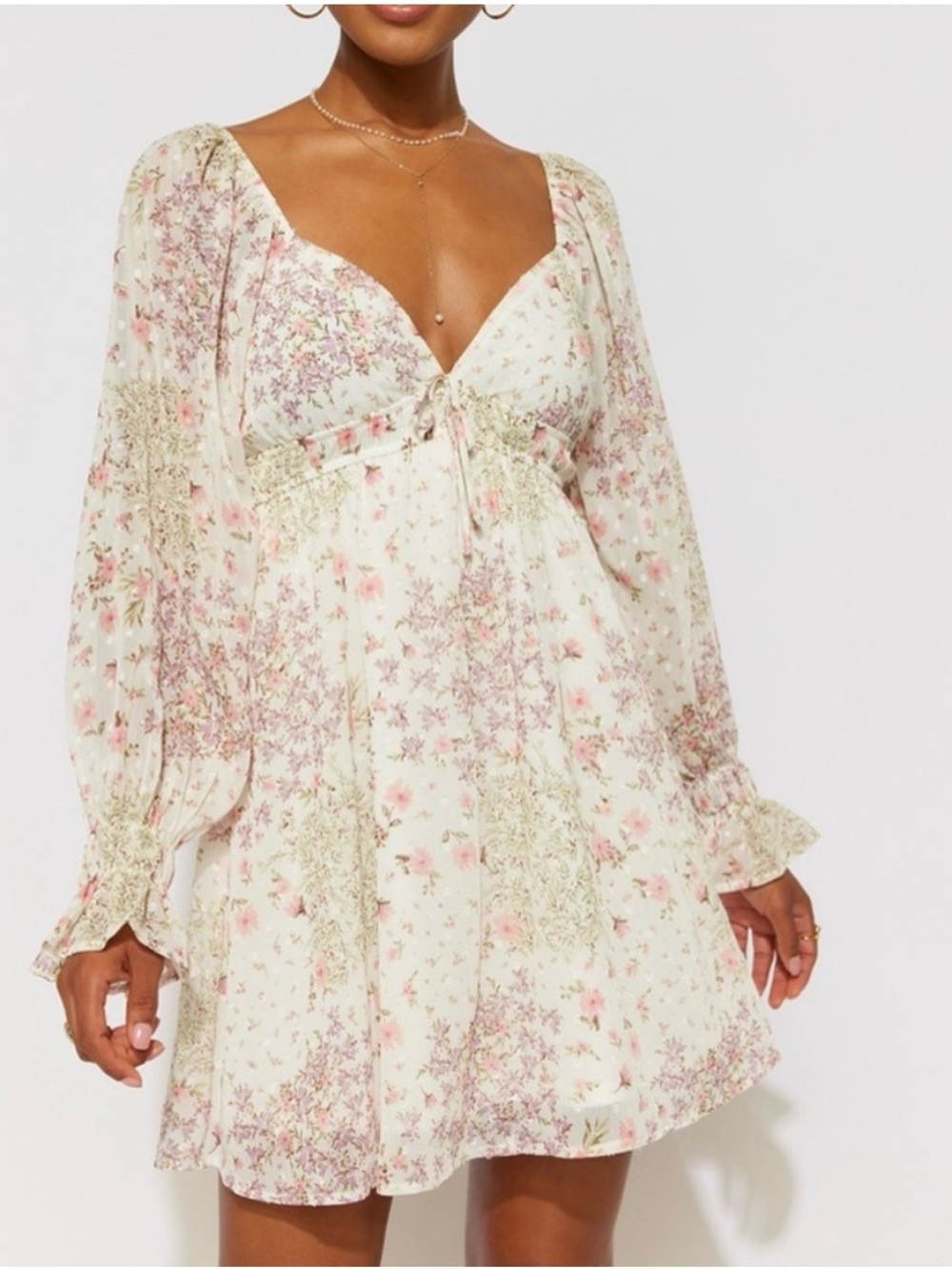 Ivory Girly Prairie Floral Babydoll Mini Dress Sweetheart Neck Cottagecore Small